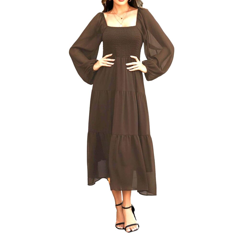 Boho Maxi Dress Sheer Puff Sleeve Smocked Square Neck Tiered, Small, 4D-205D006